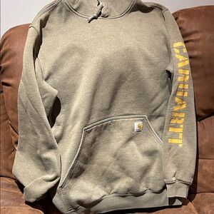 Carhartt Khaki Sweatshirt with Bold Yellow Sleeve logo and PB&J show on back